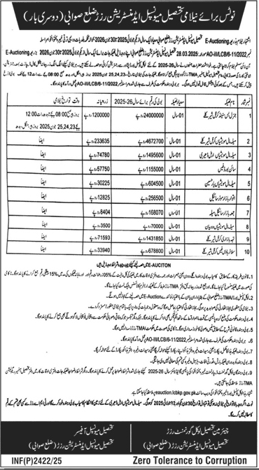 Tehsil Municipal Administration Swabi Tender Notice